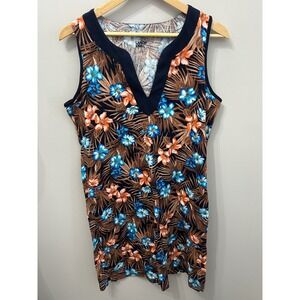 Lands' End Navy Floral Cotton Sleeveless Swim Cover-up Dress Size M 10-12